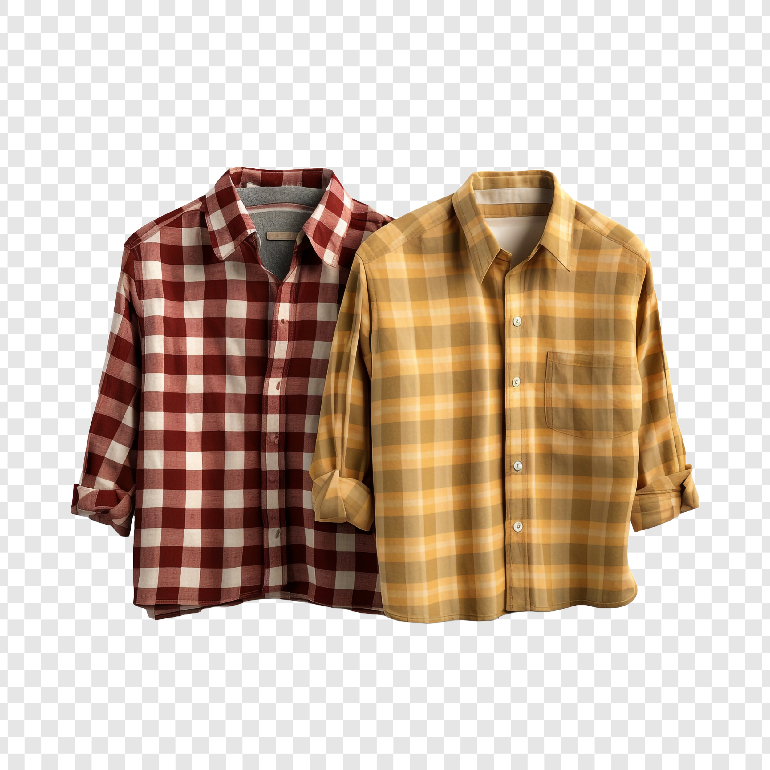 Two shirts are on a checkered surface isolated on transparent background